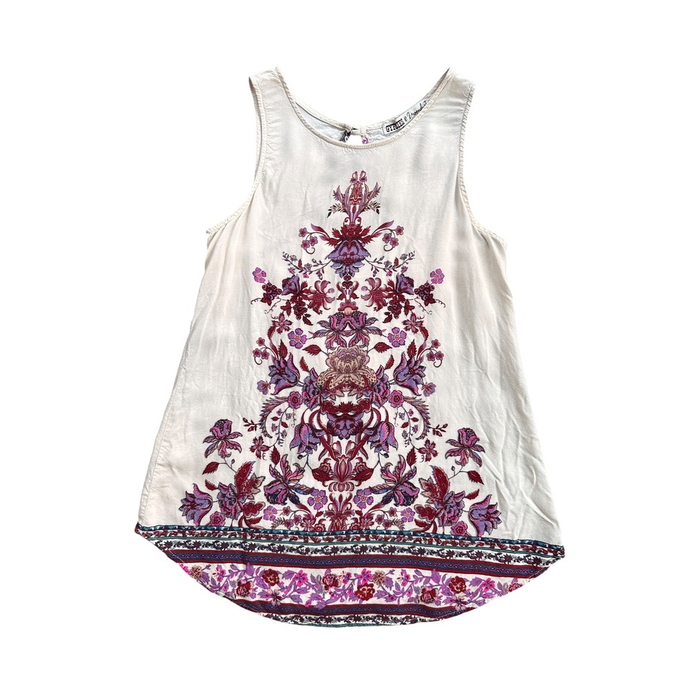 Gypsies & Moondust Tank Top Womens Small Cream Boho Floral Keyhole Back